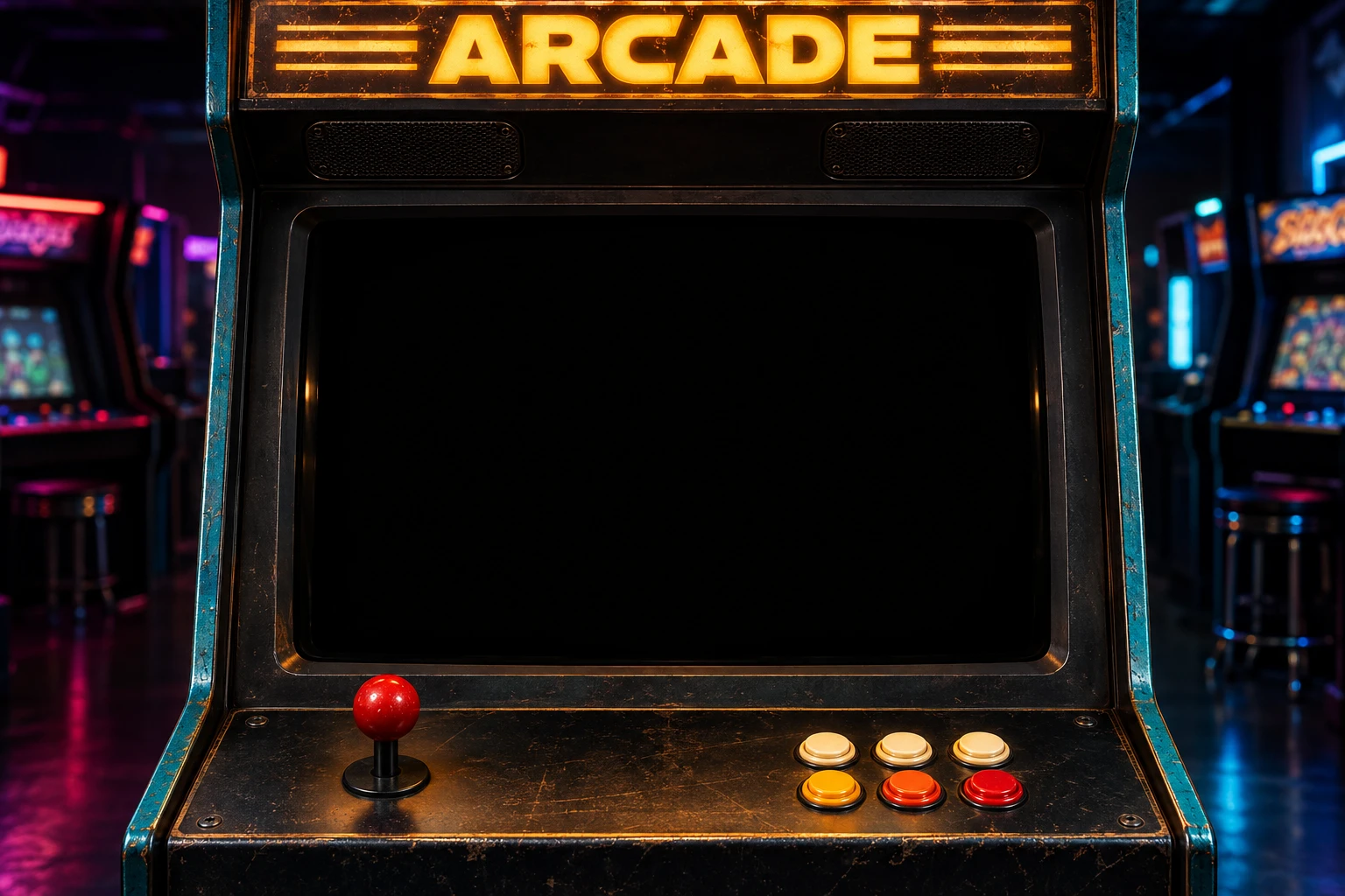 A real vintage arcade cabinet, with a glowing amber marquee, red joystick and polished arcade buttons, in a dim neon arcade.